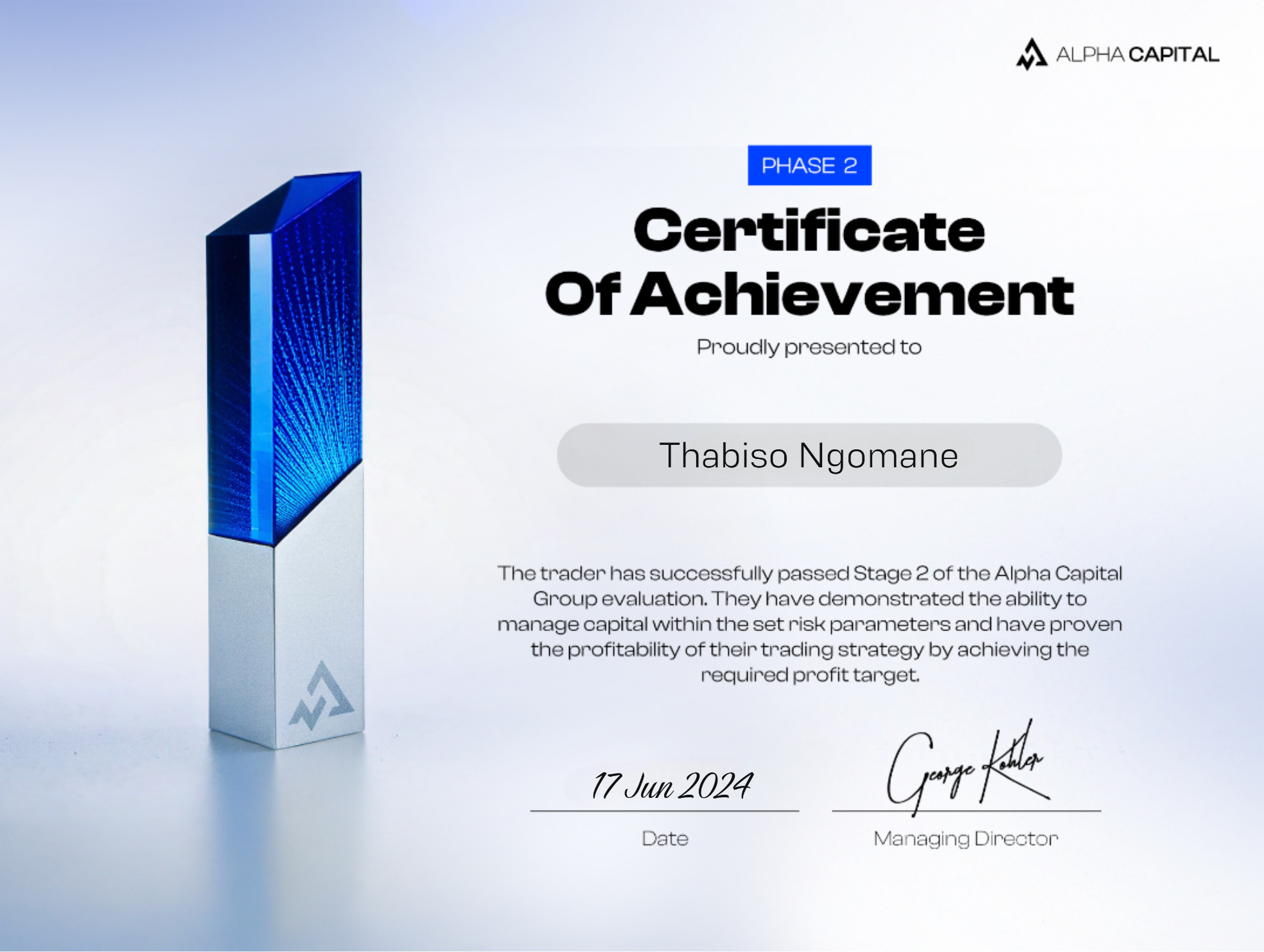 Trader Thabza funded account certificate